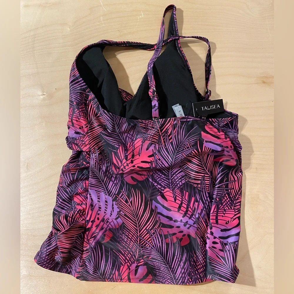 Talisea Pink and Purple Leaf Print Swim Top Large (OO)